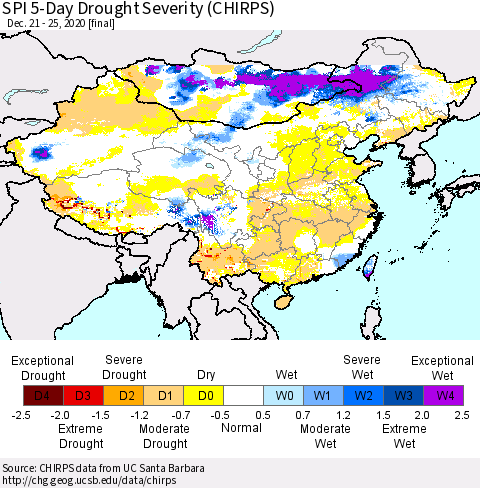 China, Mongolia and Taiwan SPI 5-Day Drought Severity (CHIRPS) Thematic Map For 12/21/2020 - 12/25/2020