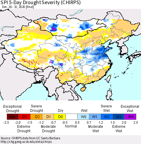 China, Mongolia and Taiwan SPI 5-Day Drought Severity (CHIRPS) Thematic Map For 12/26/2020 - 12/31/2020