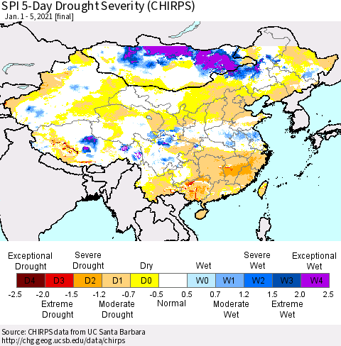 China, Mongolia and Taiwan SPI 5-Day Drought Severity (CHIRPS) Thematic Map For 1/1/2021 - 1/5/2021