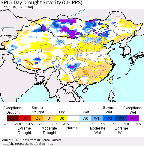 China, Mongolia and Taiwan SPI 5-Day Drought Severity (CHIRPS) Thematic Map For 1/6/2021 - 1/10/2021