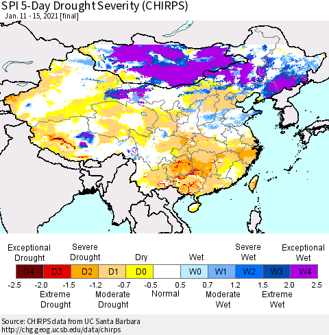 China, Mongolia and Taiwan SPI 5-Day Drought Severity (CHIRPS) Thematic Map For 1/11/2021 - 1/15/2021