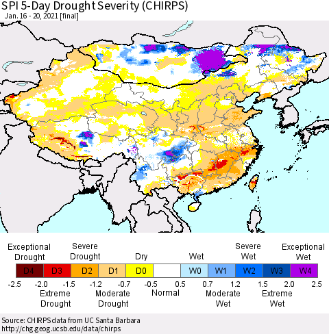 China, Mongolia and Taiwan SPI 5-Day Drought Severity (CHIRPS) Thematic Map For 1/16/2021 - 1/20/2021