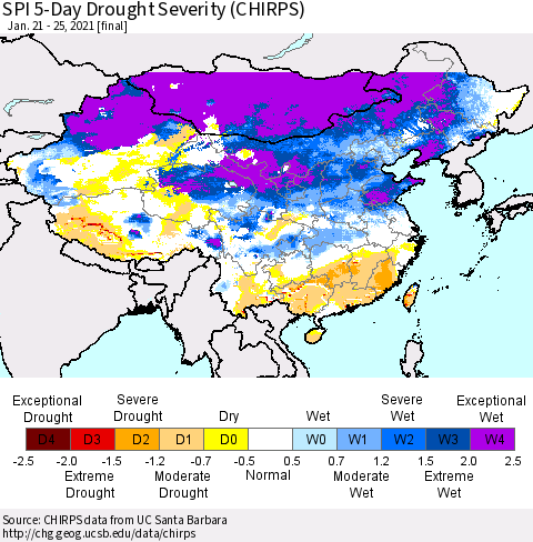 China, Mongolia and Taiwan SPI 5-Day Drought Severity (CHIRPS) Thematic Map For 1/21/2021 - 1/25/2021