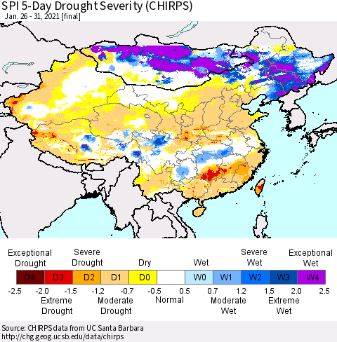 China, Mongolia and Taiwan SPI 5-Day Drought Severity (CHIRPS) Thematic Map For 1/26/2021 - 1/31/2021