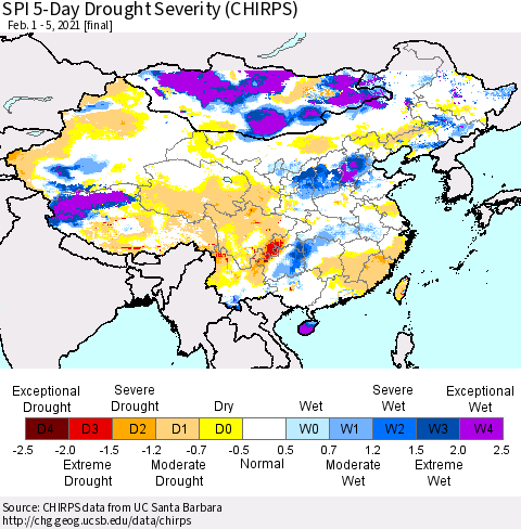 China, Mongolia and Taiwan SPI 5-Day Drought Severity (CHIRPS) Thematic Map For 2/1/2021 - 2/5/2021