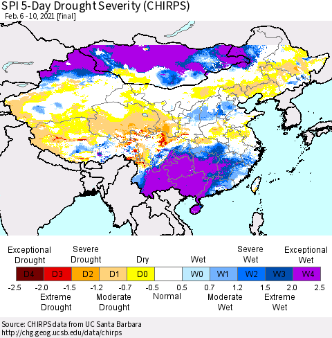 China, Mongolia and Taiwan SPI 5-Day Drought Severity (CHIRPS) Thematic Map For 2/6/2021 - 2/10/2021