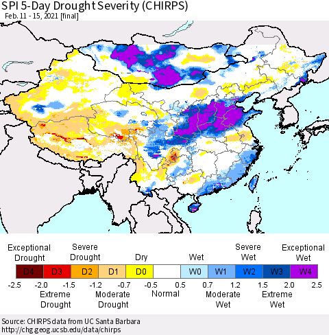 China, Mongolia and Taiwan SPI 5-Day Drought Severity (CHIRPS) Thematic Map For 2/11/2021 - 2/15/2021