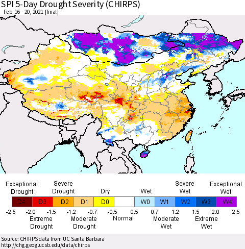 China, Mongolia and Taiwan SPI 5-Day Drought Severity (CHIRPS) Thematic Map For 2/16/2021 - 2/20/2021