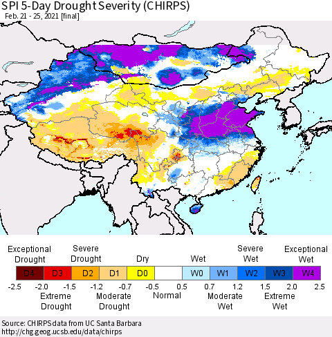 China, Mongolia and Taiwan SPI 5-Day Drought Severity (CHIRPS) Thematic Map For 2/21/2021 - 2/25/2021
