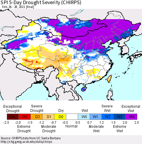 China, Mongolia and Taiwan SPI 5-Day Drought Severity (CHIRPS) Thematic Map For 2/26/2021 - 2/28/2021