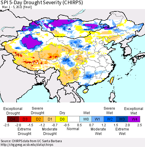 China, Mongolia and Taiwan SPI 5-Day Drought Severity (CHIRPS) Thematic Map For 3/1/2021 - 3/5/2021