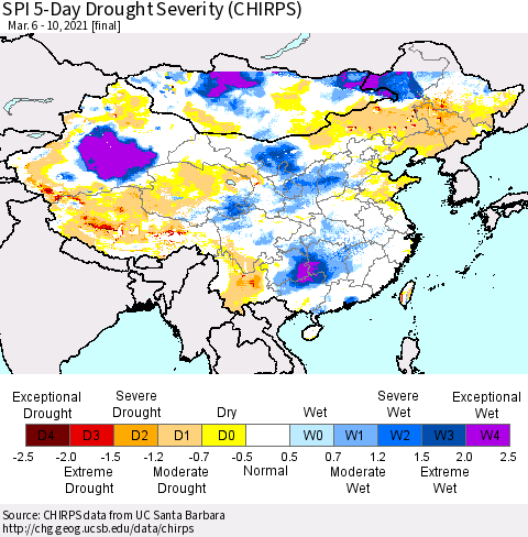 China, Mongolia and Taiwan SPI 5-Day Drought Severity (CHIRPS) Thematic Map For 3/6/2021 - 3/10/2021
