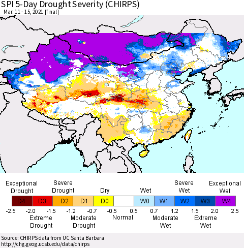 China, Mongolia and Taiwan SPI 5-Day Drought Severity (CHIRPS) Thematic Map For 3/11/2021 - 3/15/2021