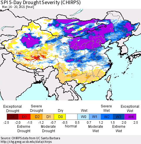 China, Mongolia and Taiwan SPI 5-Day Drought Severity (CHIRPS) Thematic Map For 3/16/2021 - 3/20/2021