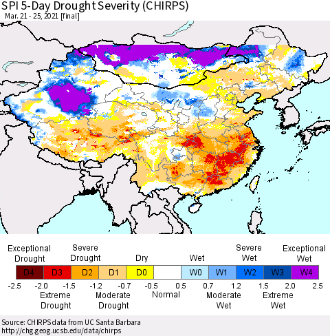 China, Mongolia and Taiwan SPI 5-Day Drought Severity (CHIRPS) Thematic Map For 3/21/2021 - 3/25/2021