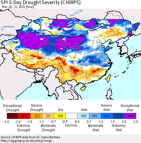 China, Mongolia and Taiwan SPI 5-Day Drought Severity (CHIRPS) Thematic Map For 3/26/2021 - 3/31/2021