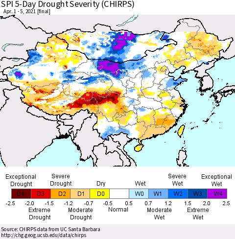 China, Mongolia and Taiwan SPI 5-Day Drought Severity (CHIRPS) Thematic Map For 4/1/2021 - 4/5/2021