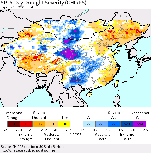 China, Mongolia and Taiwan SPI 5-Day Drought Severity (CHIRPS) Thematic Map For 4/6/2021 - 4/10/2021