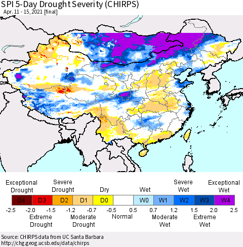 China, Mongolia and Taiwan SPI 5-Day Drought Severity (CHIRPS) Thematic Map For 4/11/2021 - 4/15/2021