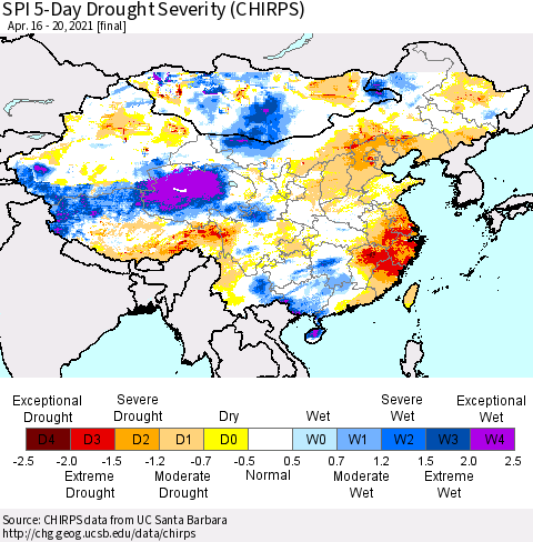 China, Mongolia and Taiwan SPI 5-Day Drought Severity (CHIRPS) Thematic Map For 4/16/2021 - 4/20/2021