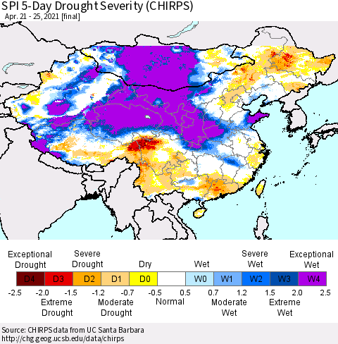 China, Mongolia and Taiwan SPI 5-Day Drought Severity (CHIRPS) Thematic Map For 4/21/2021 - 4/25/2021