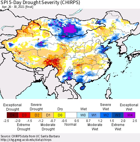 China, Mongolia and Taiwan SPI 5-Day Drought Severity (CHIRPS) Thematic Map For 4/26/2021 - 4/30/2021