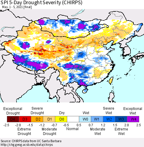 China, Mongolia and Taiwan SPI 5-Day Drought Severity (CHIRPS) Thematic Map For 5/1/2021 - 5/5/2021