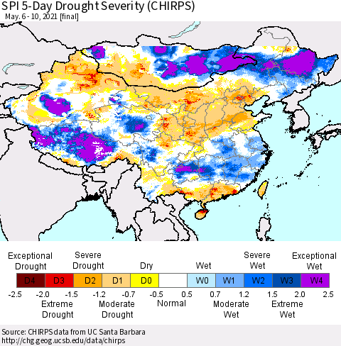 China, Mongolia and Taiwan SPI 5-Day Drought Severity (CHIRPS) Thematic Map For 5/6/2021 - 5/10/2021