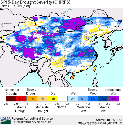China, Mongolia and Taiwan SPI 5-Day Drought Severity (CHIRPS) Thematic Map For 5/11/2021 - 5/15/2021