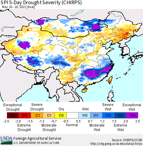 China, Mongolia and Taiwan SPI 5-Day Drought Severity (CHIRPS) Thematic Map For 5/16/2021 - 5/20/2021
