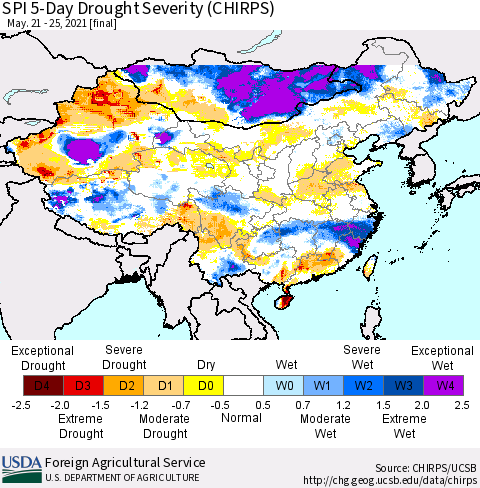 China, Mongolia and Taiwan SPI 5-Day Drought Severity (CHIRPS) Thematic Map For 5/21/2021 - 5/25/2021
