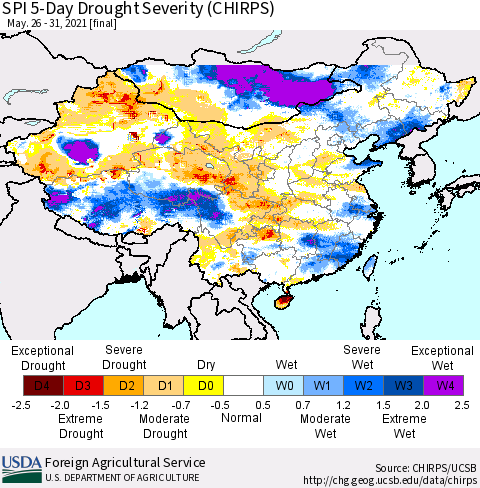 China, Mongolia and Taiwan SPI 5-Day Drought Severity (CHIRPS) Thematic Map For 5/26/2021 - 5/31/2021