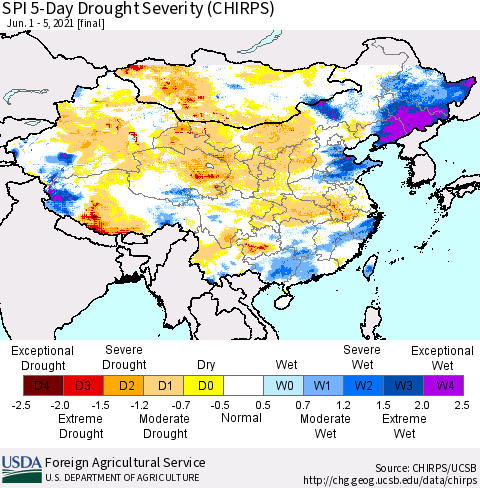 China, Mongolia and Taiwan SPI 5-Day Drought Severity (CHIRPS) Thematic Map For 6/1/2021 - 6/5/2021