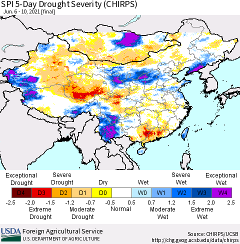 China, Mongolia and Taiwan SPI 5-Day Drought Severity (CHIRPS) Thematic Map For 6/6/2021 - 6/10/2021