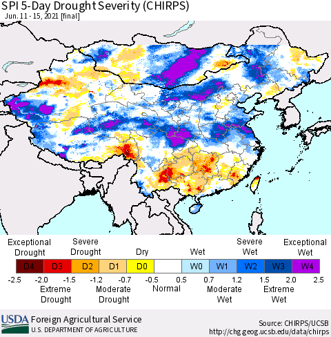 China, Mongolia and Taiwan SPI 5-Day Drought Severity (CHIRPS) Thematic Map For 6/11/2021 - 6/15/2021