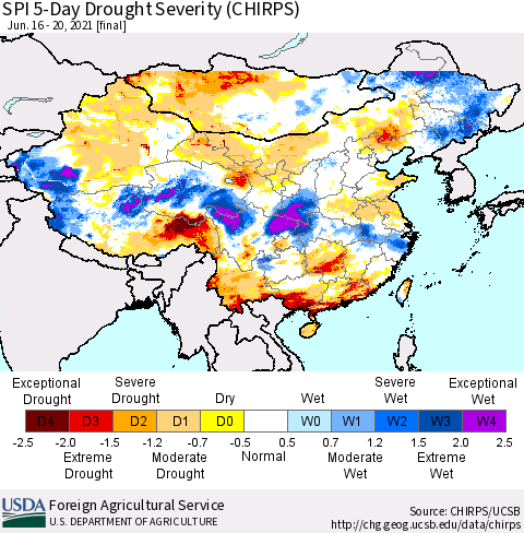 China, Mongolia and Taiwan SPI 5-Day Drought Severity (CHIRPS) Thematic Map For 6/16/2021 - 6/20/2021
