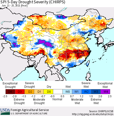 China, Mongolia and Taiwan SPI 5-Day Drought Severity (CHIRPS) Thematic Map For 6/21/2021 - 6/25/2021