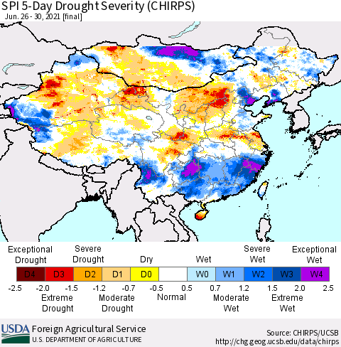 China, Mongolia and Taiwan SPI 5-Day Drought Severity (CHIRPS) Thematic Map For 6/26/2021 - 6/30/2021