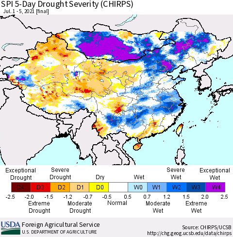 China, Mongolia and Taiwan SPI 5-Day Drought Severity (CHIRPS) Thematic Map For 7/1/2021 - 7/5/2021