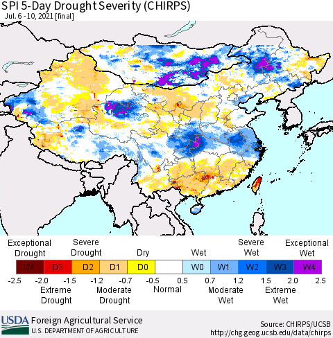 China, Mongolia and Taiwan SPI 5-Day Drought Severity (CHIRPS) Thematic Map For 7/6/2021 - 7/10/2021
