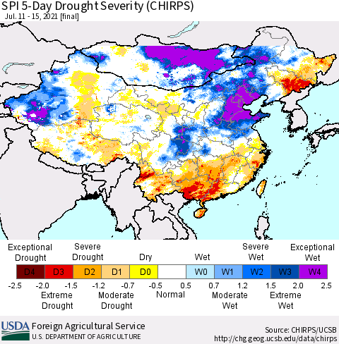 China, Mongolia and Taiwan SPI 5-Day Drought Severity (CHIRPS) Thematic Map For 7/11/2021 - 7/15/2021