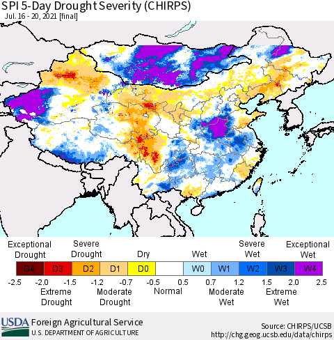 China, Mongolia and Taiwan SPI 5-Day Drought Severity (CHIRPS) Thematic Map For 7/16/2021 - 7/20/2021