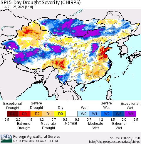 China, Mongolia and Taiwan SPI 5-Day Drought Severity (CHIRPS) Thematic Map For 7/21/2021 - 7/25/2021