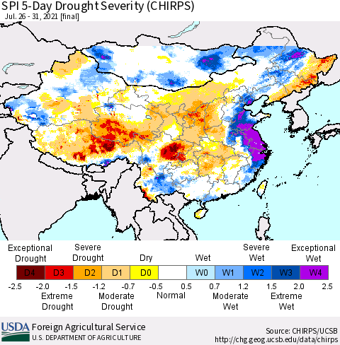 China, Mongolia and Taiwan SPI 5-Day Drought Severity (CHIRPS) Thematic Map For 7/26/2021 - 7/31/2021