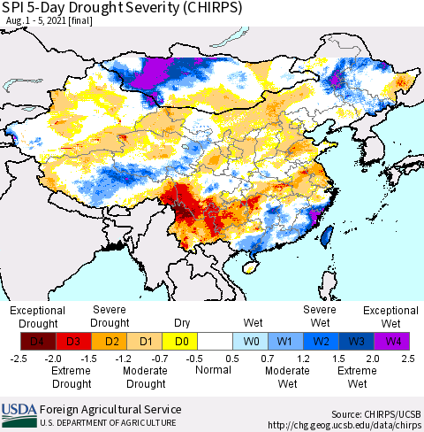 China, Mongolia and Taiwan SPI 5-Day Drought Severity (CHIRPS) Thematic Map For 8/1/2021 - 8/5/2021