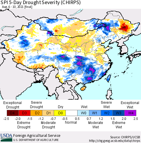 China, Mongolia and Taiwan SPI 5-Day Drought Severity (CHIRPS) Thematic Map For 8/6/2021 - 8/10/2021