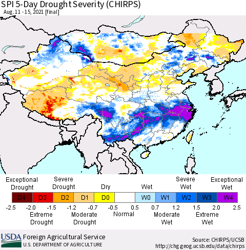 China, Mongolia and Taiwan SPI 5-Day Drought Severity (CHIRPS) Thematic Map For 8/11/2021 - 8/15/2021