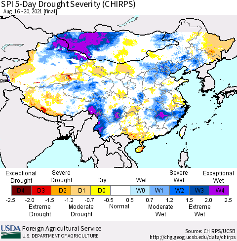 China, Mongolia and Taiwan SPI 5-Day Drought Severity (CHIRPS) Thematic Map For 8/16/2021 - 8/20/2021