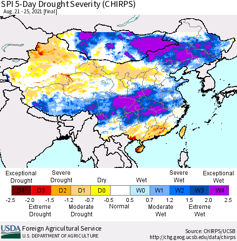 China, Mongolia and Taiwan SPI 5-Day Drought Severity (CHIRPS) Thematic Map For 8/21/2021 - 8/25/2021