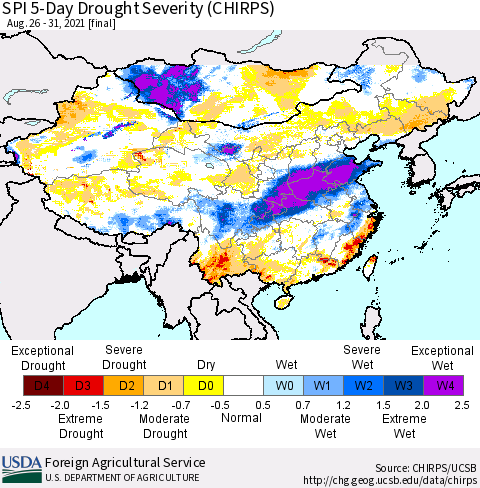 China, Mongolia and Taiwan SPI 5-Day Drought Severity (CHIRPS) Thematic Map For 8/26/2021 - 8/31/2021